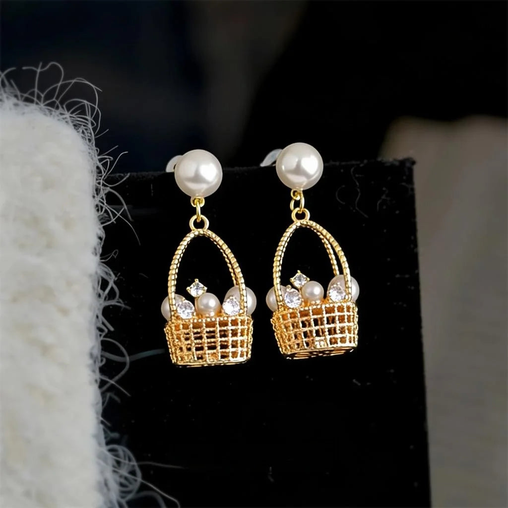 Pastoral Flower Basket Drop Earrings With Pearl Zircon Micro Pave Copper