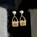 Pastoral Flower Basket Drop Earrings With Pearl Zircon Micro Pave Copper