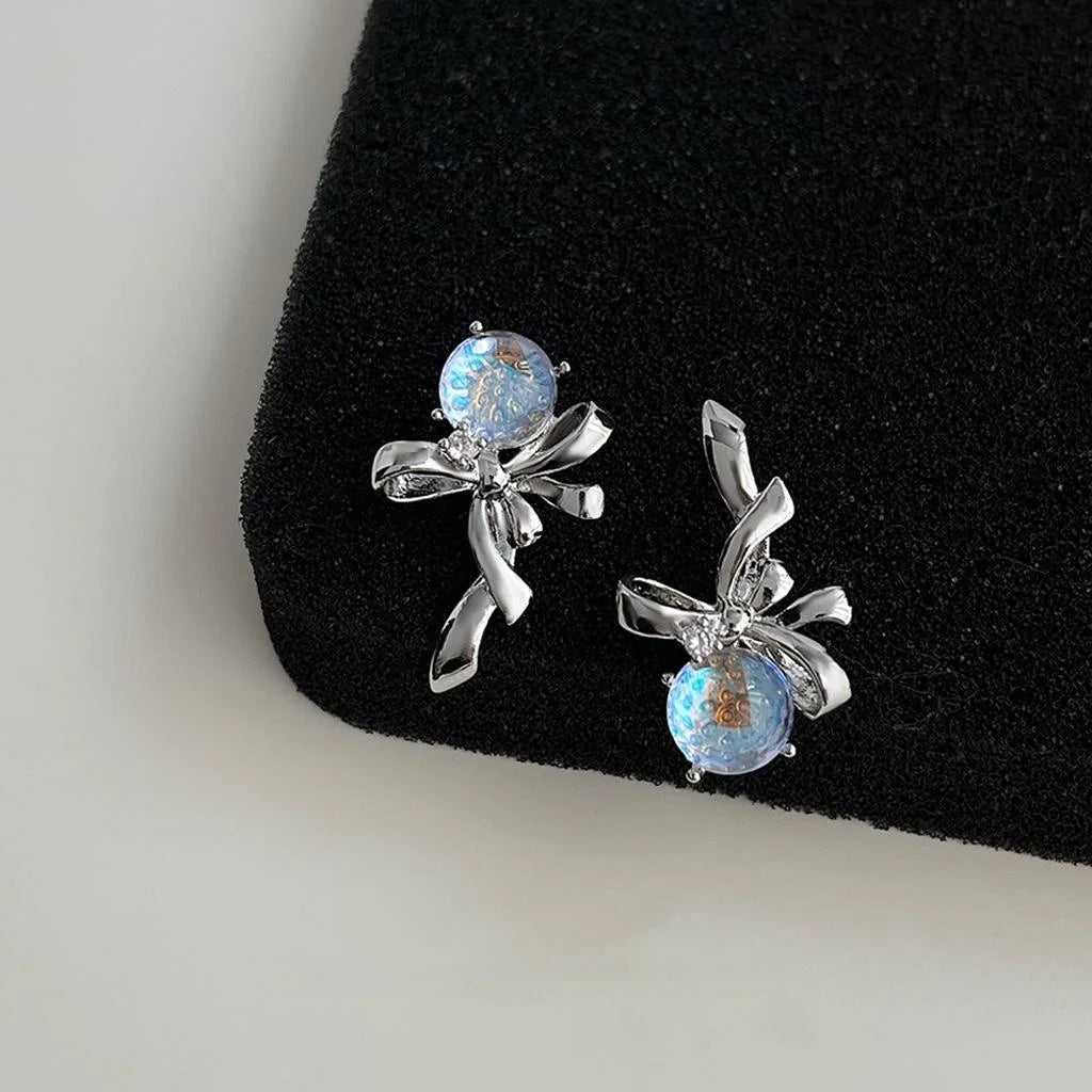 Sweet Cool Asymmetric Bow Liquid Rose Stud Earrings Copper Zircon Glass Floral Jewelry