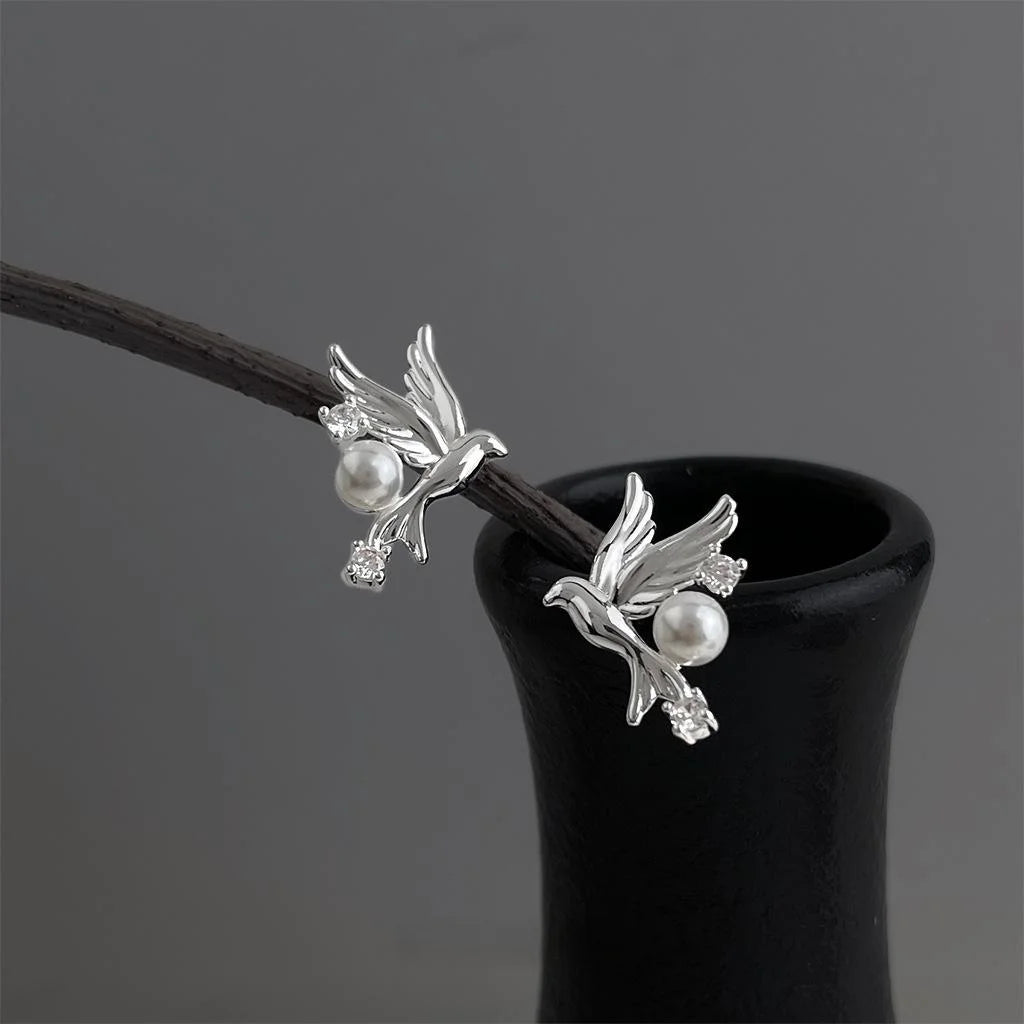 Original Bird Zircon Eco Copper Stud Earrings New Chinese Style Silver Plated Pin Jewelry