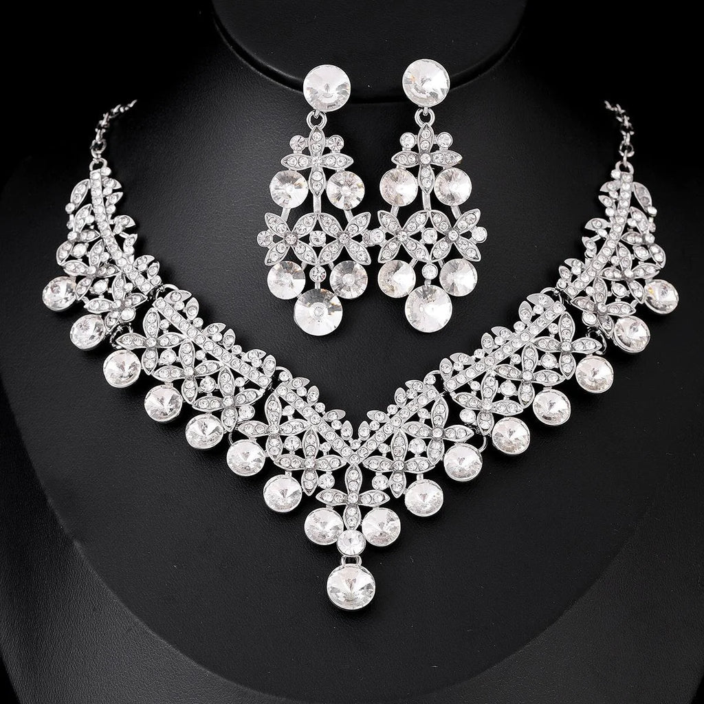Luxury Red Crystal Rhinestone Alloy Necklace And Earrings Jewelry Set, Elegant Bridal Jewelry For Wedding Banquet