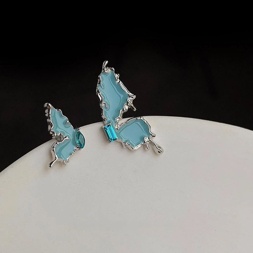 Asymmetric Blue Enamel Liquid Butterfly Copper Stud Earrings Sweet Cool Silver Plated Pin Jewelry