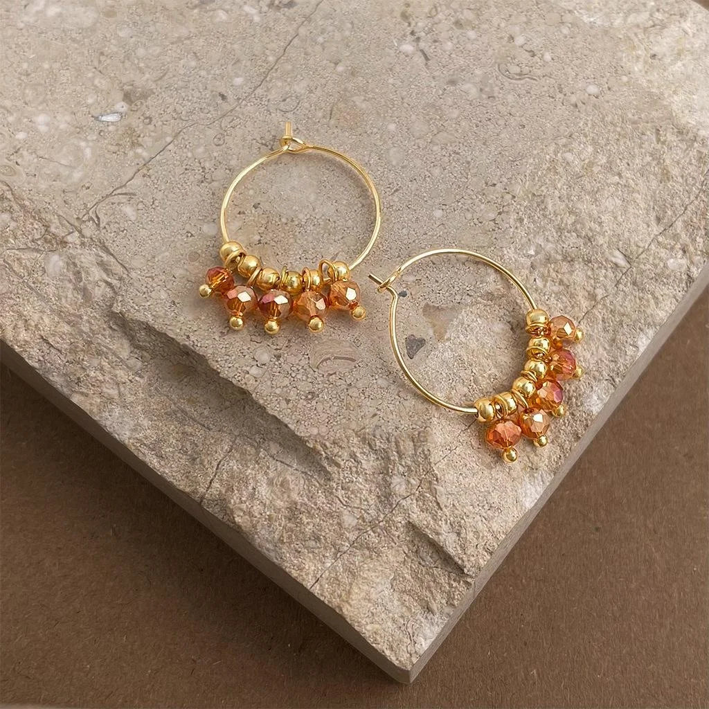 Vintage Copper Glass Crystal Brown Earth Tone Geometric Hoop Drop Earrings