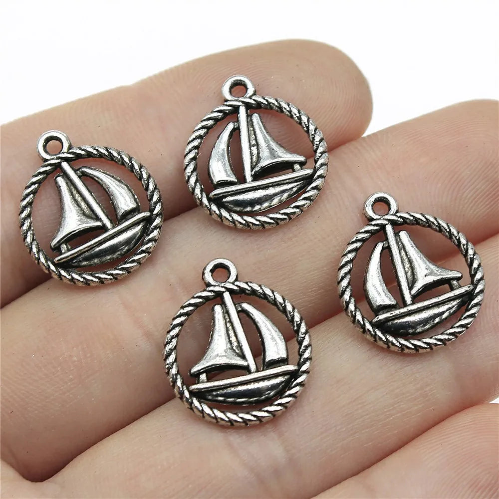 18x16mm 1.4g Antique Silver Zinc Alloy Sailboat Round Charm Pendant for DIY Bracelet Necklace Making