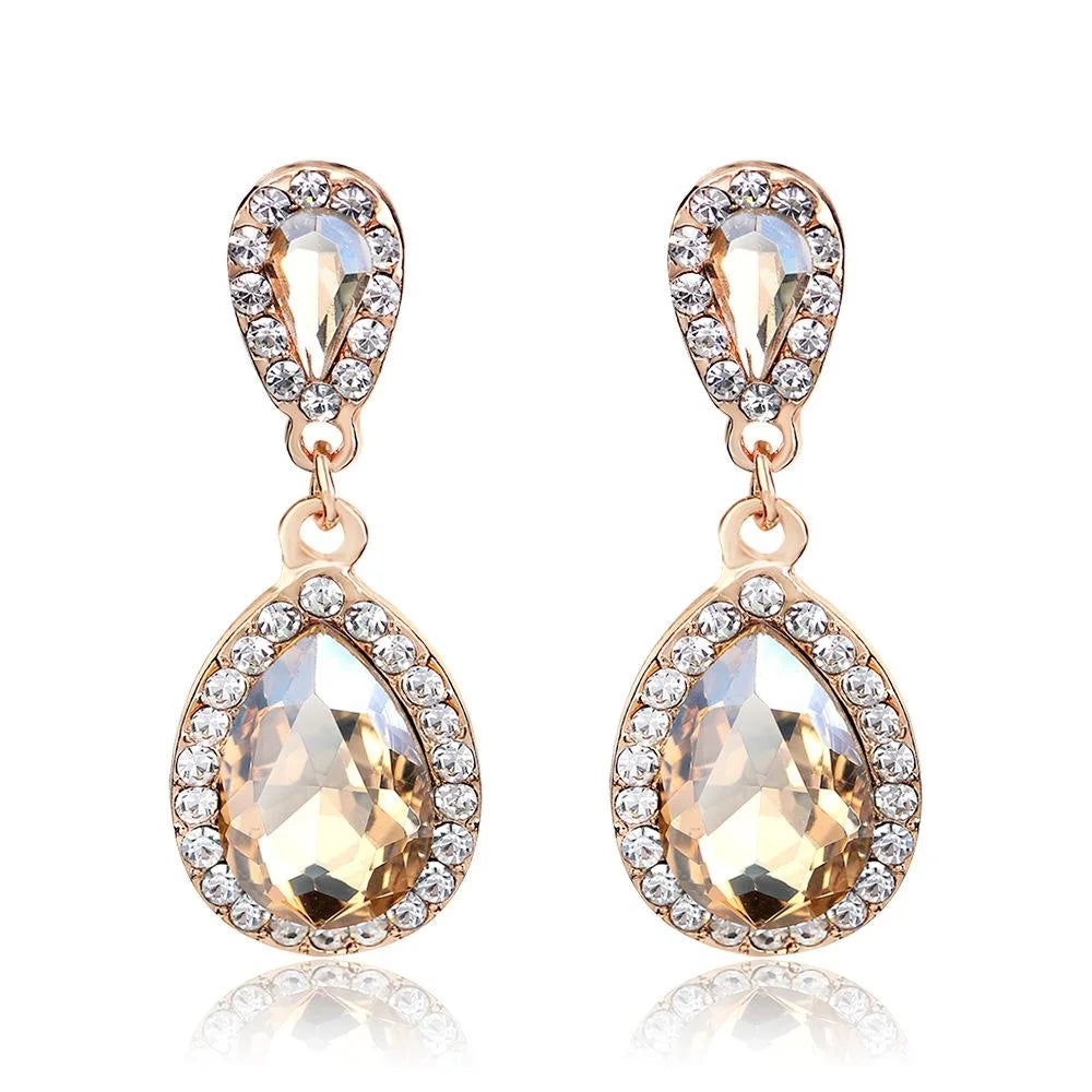 Elegant Champagne Crystal Teardrop Dangle Earrings With Rhinestone Halo For Wedding Party Gift