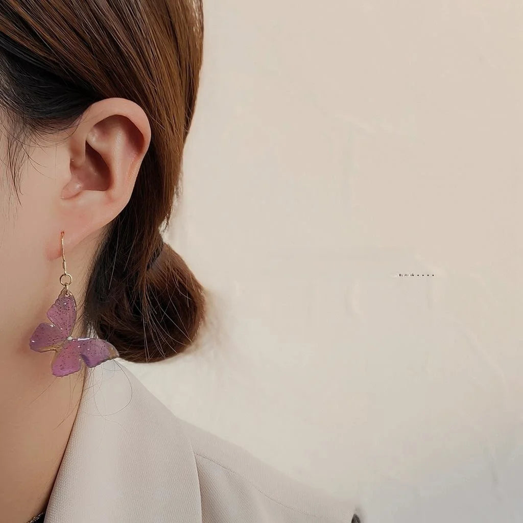 Fresh Sweet Forest Style Resin Butterfly Drop Earrings With Silver Plated Pins