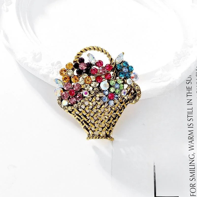 Cute Rhinestone Flower Basket Brooch, Gold Tone Alloy Floral Lapel Pin For Women's Suit Accessory Gift