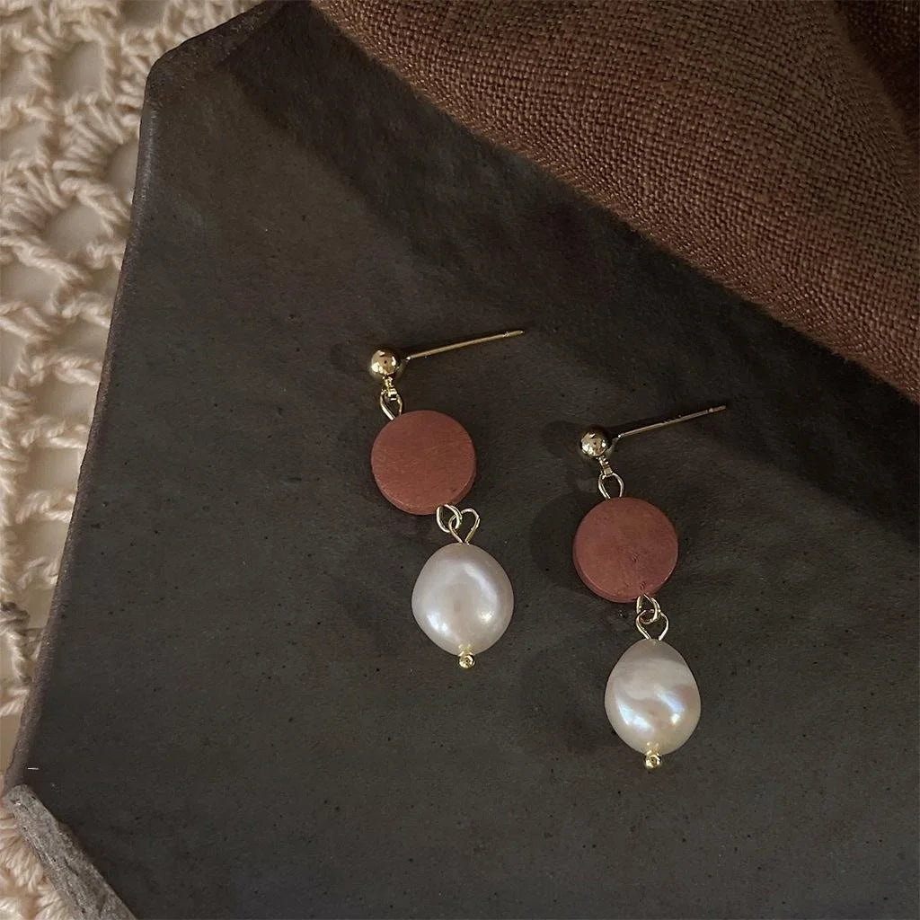 Baroque Freshwater Pearl Stud Earrings Handmade Vintage Geometric Round Ear Jewelry