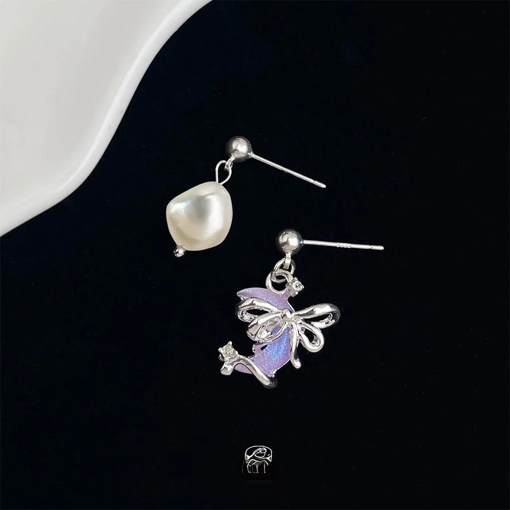 Asymmetric Freshwater Pearl Moon And Bow Geometric Drop Earrings For Women Instagram Style