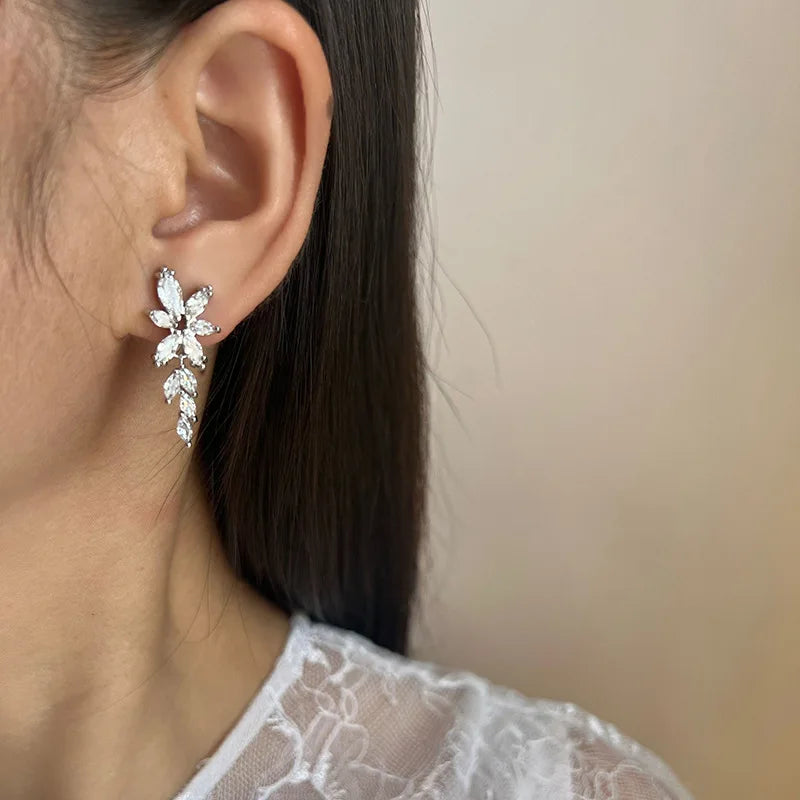 Elegant Zircon Leaf Wheat Flower Stud & Clip On No Piercing Bridal Dangle Earrings