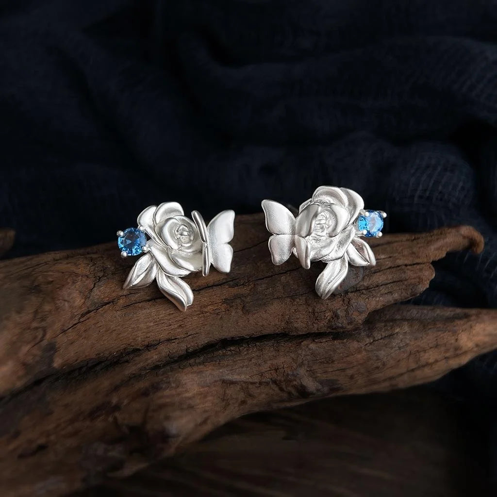Copper Zircon Matte Butterfly Rose Flower New Chinese Style Stud Earrings