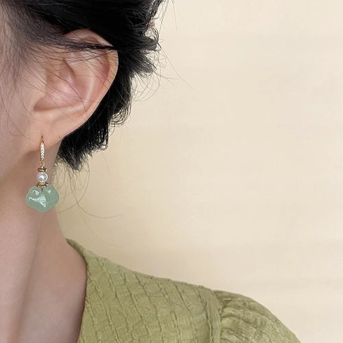 New Chinese Ethnic Handmade Glass Pearl Auspicious Cloud Ruyi Longevity Lock Drop Earrings