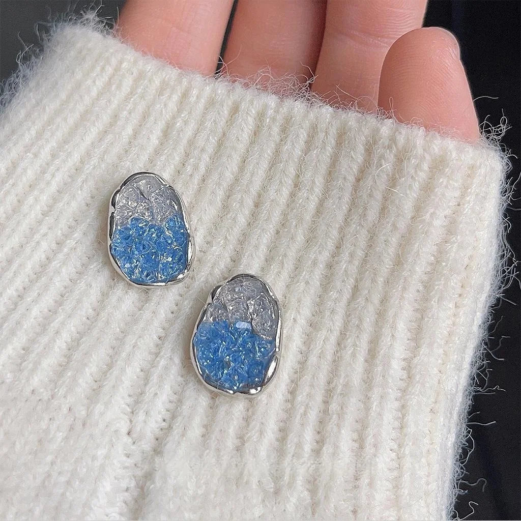 Glacier Blue Glass Crystal Gradient Silver Plated Oval Geometric Luxury Stud Earrings
