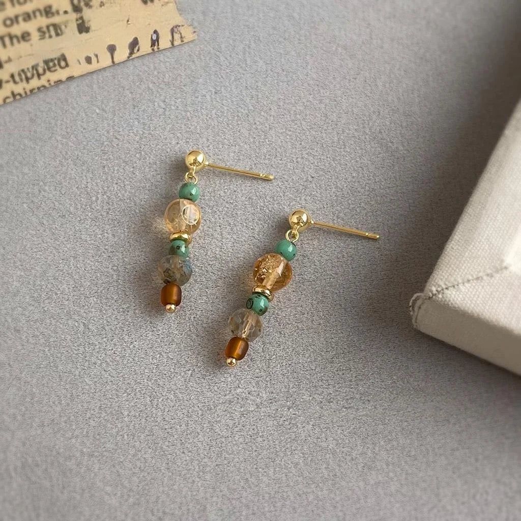 Vintage Ethnic Geometric Copper Citrine Glass Crystal Drop Earrings For Women