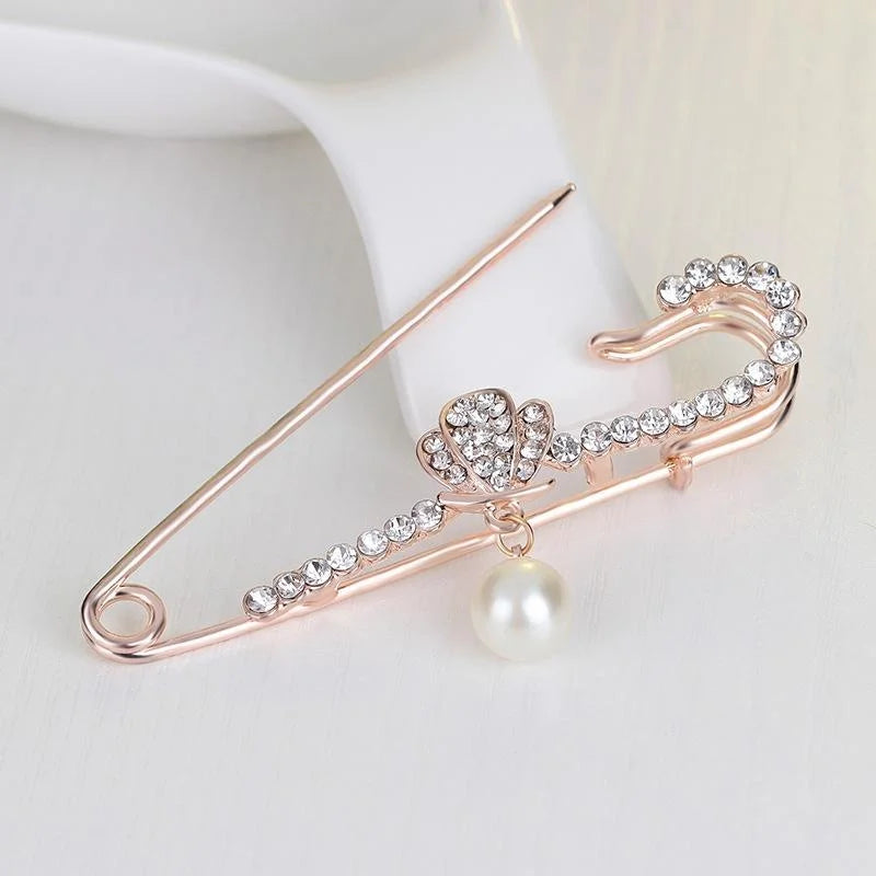 Elegant Gold Alloy Safety Pin Brooch With Rhinestone Bow Heart And Pearl Charm, Women's Lapel Pin Gift