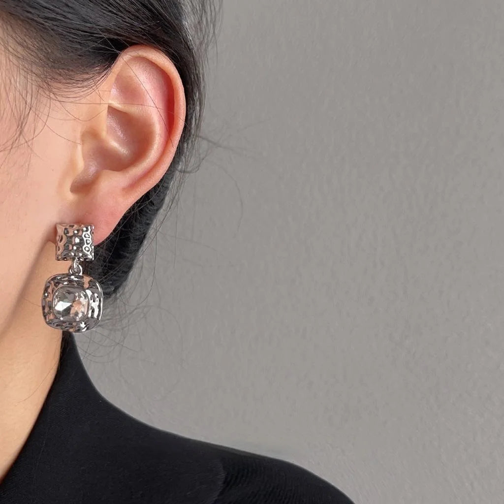 Silver Plated Metal Square Geometric Drop Earrings Minimalist Commuter Style Jewelry for Women
