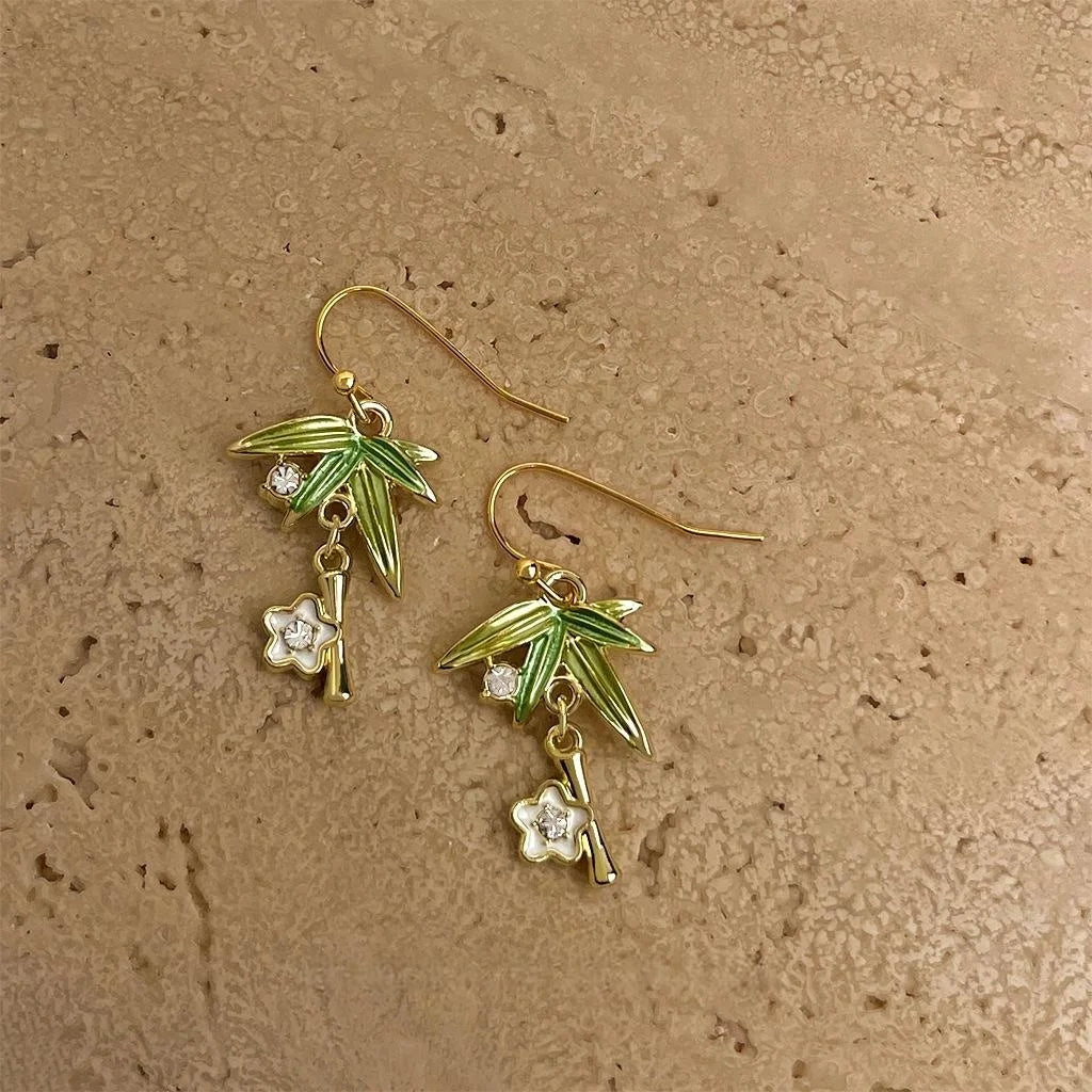 New Chinese Style Copper Bamboo Leaf Drop Earrings Minimalist Artistic Long Earrings for Women