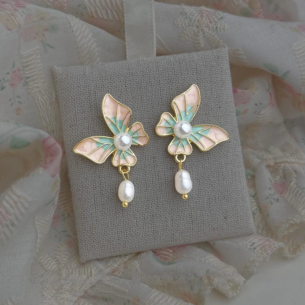 14K Plated Copper Butterfly Freshwater Pearl Stud Earrings French Vintage Handmade Jewelry