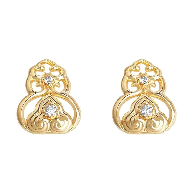 Light Luxury 14K Plated Copper Zircon Gourd Stud Earrings, Geometric Chinese Pattern Jewelry