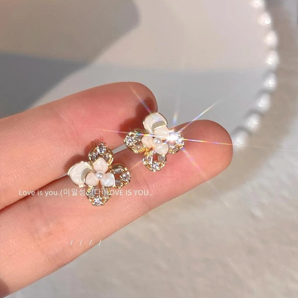 Sweet Floral Stud Earrings 14K Gold Plated Copper Micro Pave Zircon Enamel Flower Design