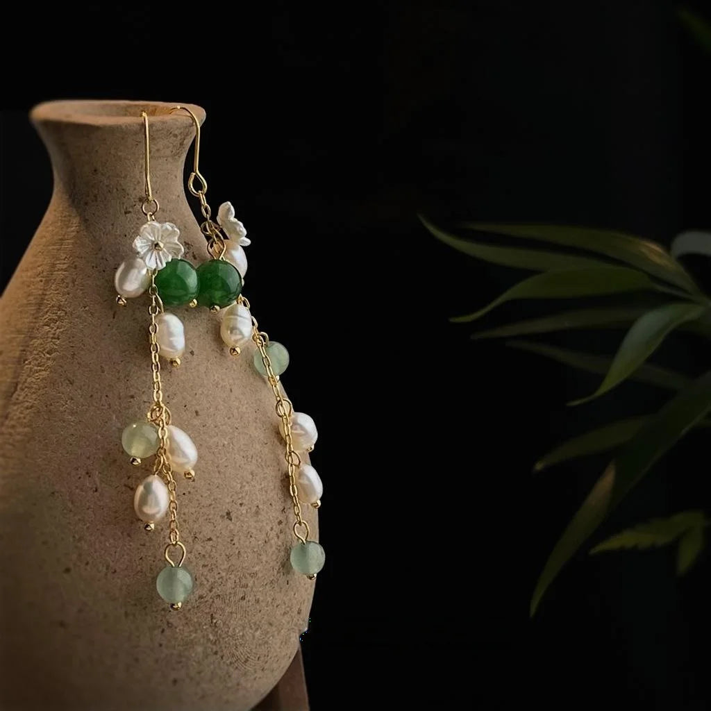 Natural Freshwater Pearl Stone Long Tassel Flower Leaf Drop Earrings New Chinese Vintage Jewelry