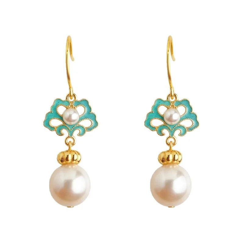 Vintage Court Style Baroque Freshwater Pearl Enamel Glaze Round Geometric Drop Earrings
