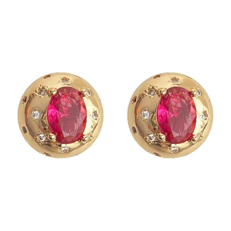 14K Plated Copper Rose Red Zircon Stud Earrings French Vintage Court Geometric Oval Design