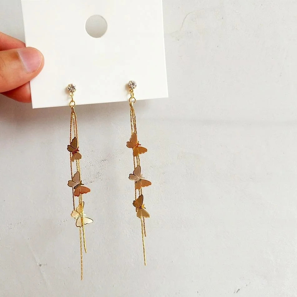 14K Gold Plated Copper Long Butterfly Tassel Stud Earrings For Women Forest Style