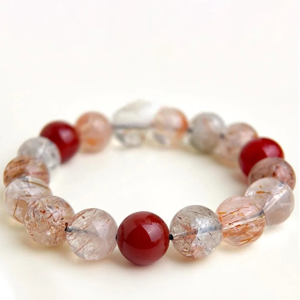 Natural Stone Red Rutilated Quartz Crystal Beaded Bracelet New Chinese Ethnic Geometric Designer Style