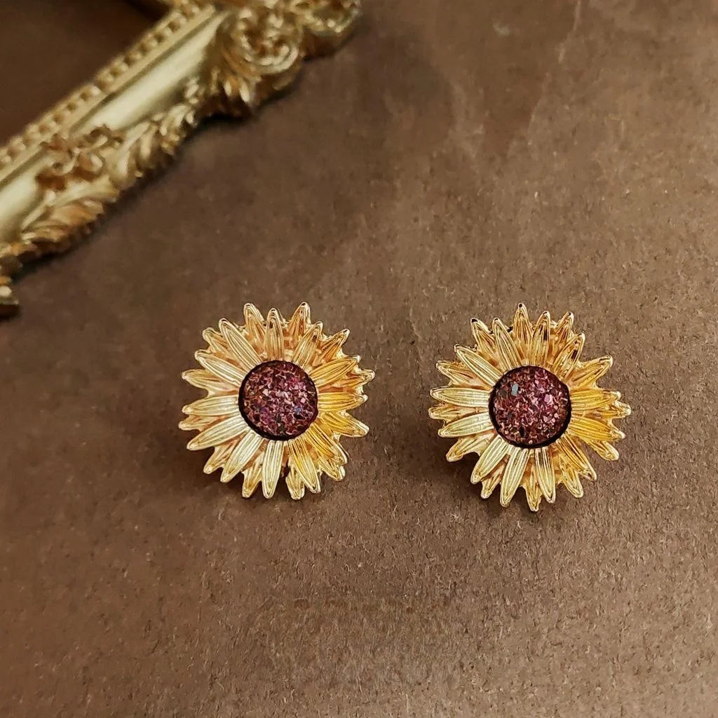 Vintage Sunflower Alloy Stud Earrings With 14K Plated, Hong Kong Style Floral Jewelry