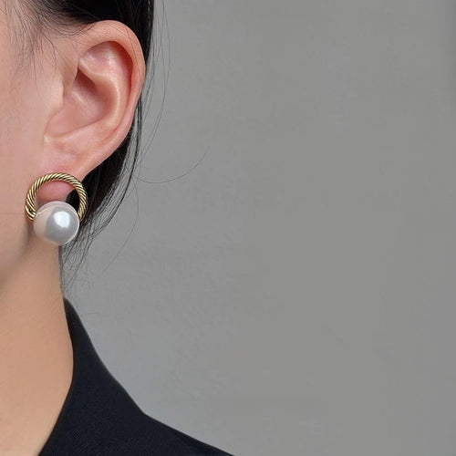 French Vintage Copper Round Geometric Hollow Pearl Stud Earrings