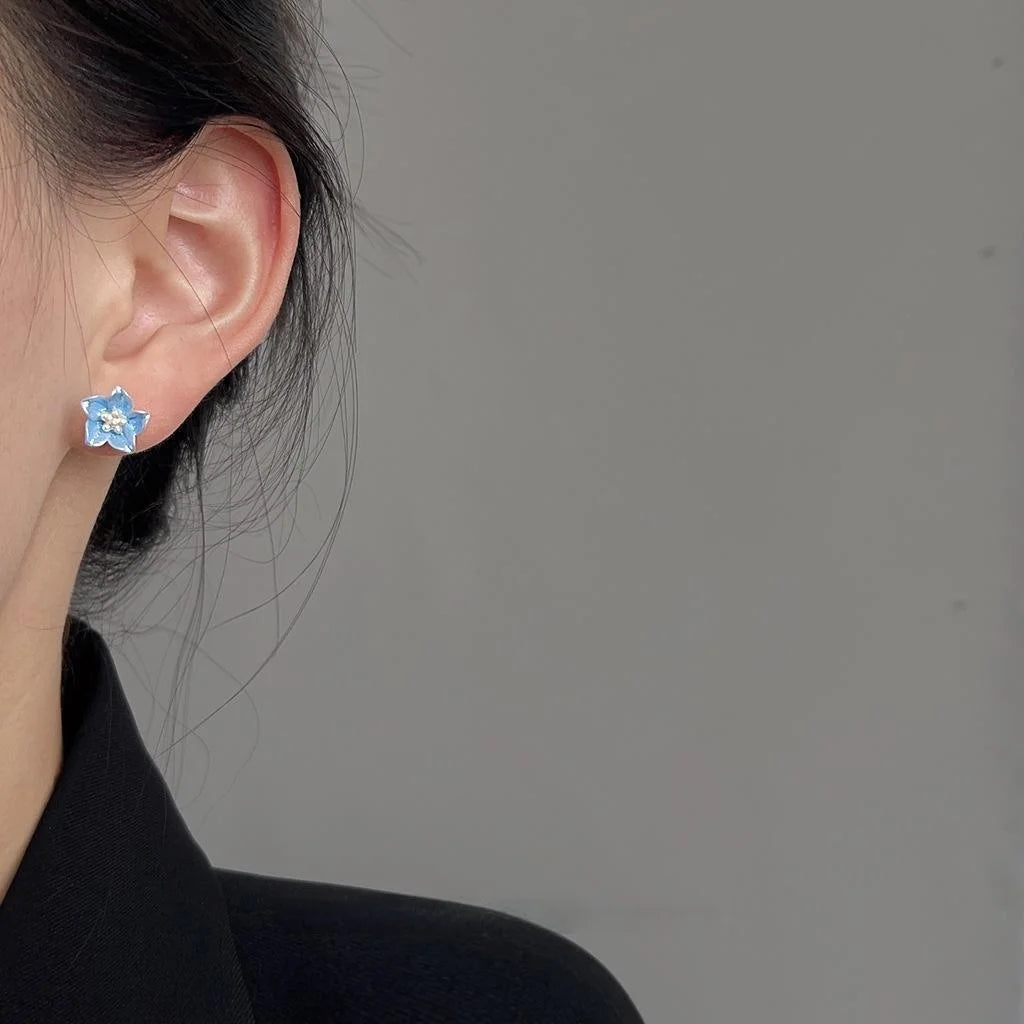 Klein Blue Resin Flower Stud Earrings With Silver Plated Pins, Sweet Korean Japanese Style