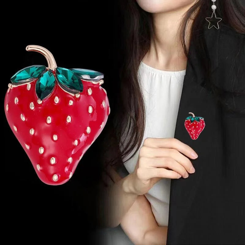 Cute Red Enamel Strawberry Brooch With Green Rhinestone Leaves, Alloy Lapel Pin Suit Accessory Gift