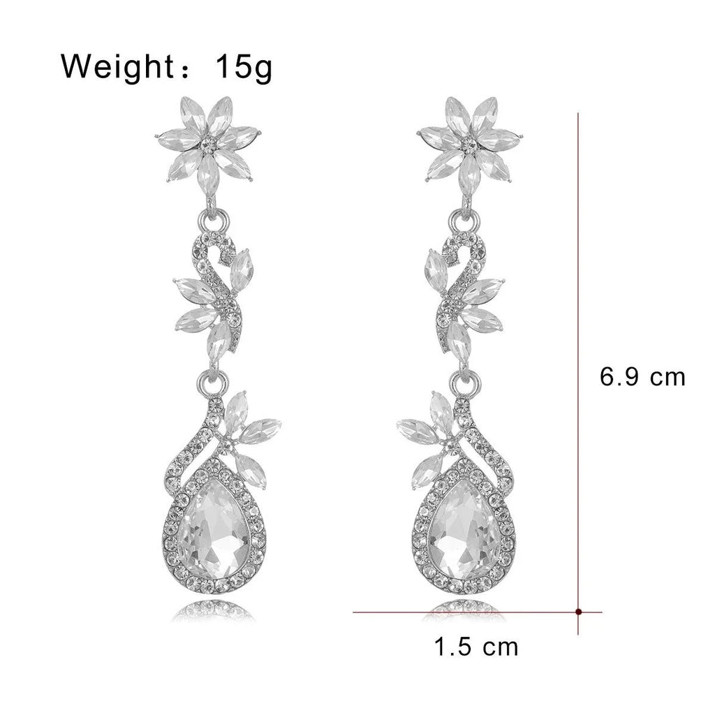 Elegant Rhinestone Crystal Flower Long Tassel Earrings, Silver Alloy Bridal Dangle Jewelry For Wedding Party