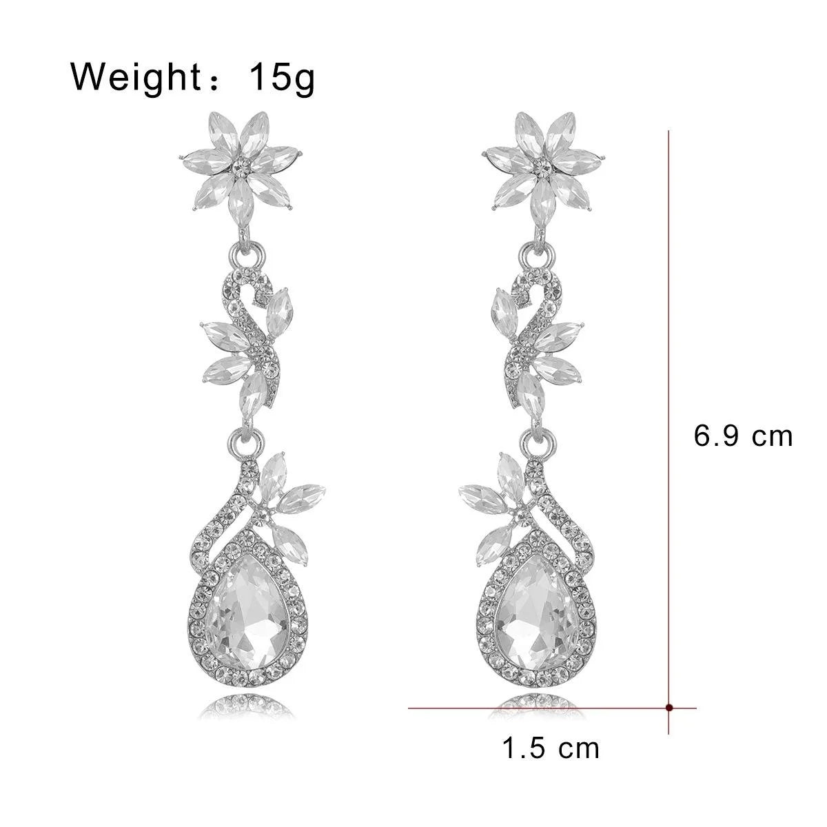 Elegant Rhinestone Crystal Flower Long Tassel Earrings, Silver Alloy Bridal Dangle Jewelry For Wedding Party