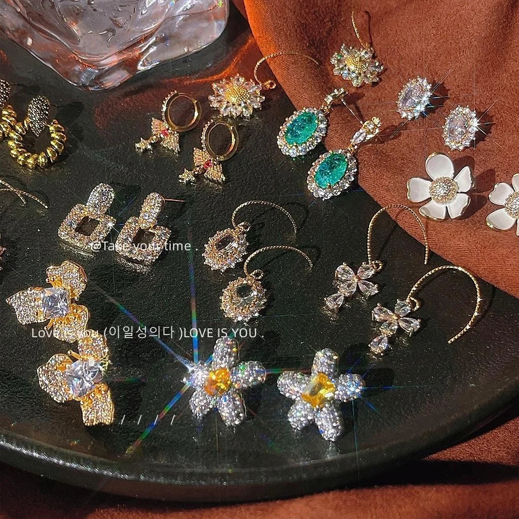 14K Gold Plated Copper Micro Pave Zircon Flower Stud Earrings For Elegant OL Style
