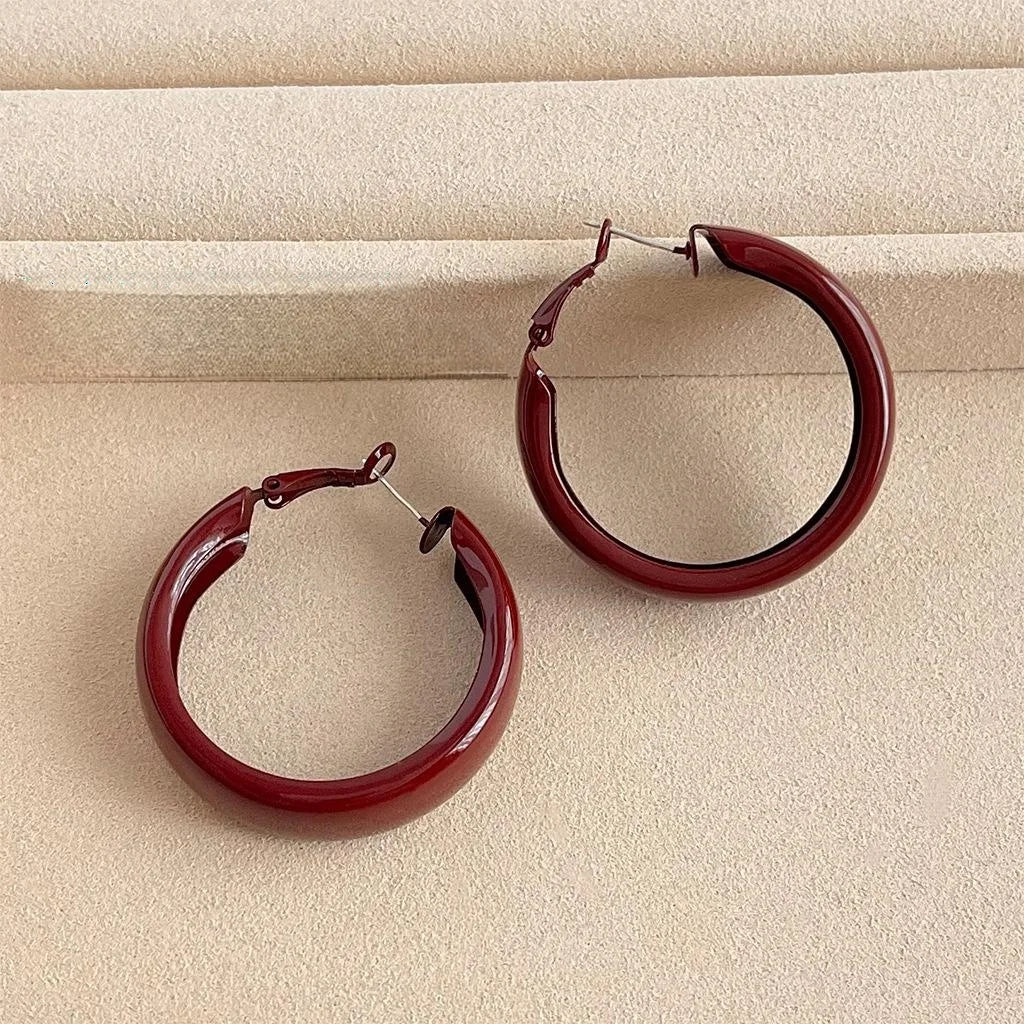 Red Enamel Metal Large Hoop Drop Earrings Geometric Round Retro Hong Kong Style Jewelry