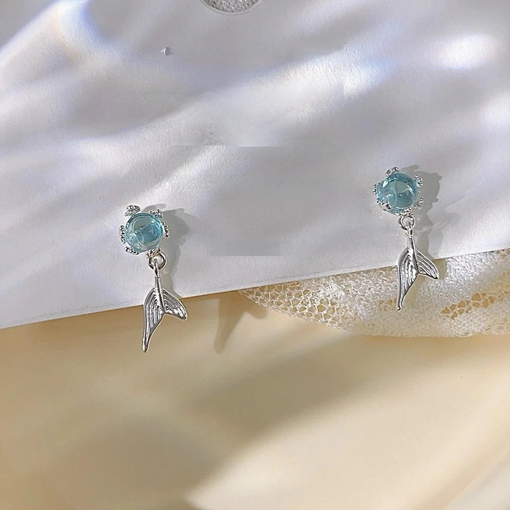 Mini Mermaid Tail Stud Earrings Copper Silver Plated Pin Cute Forest Style Jewelry For Women