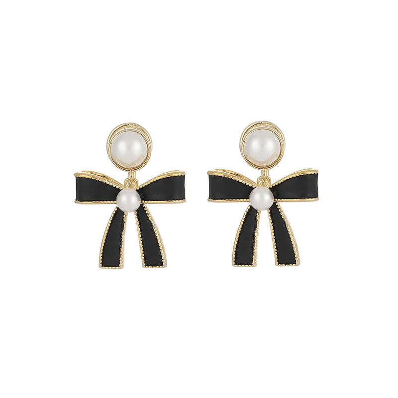 Vintage Black Ribbon Bow Faux Pearl Gold Tone Alloy Stud & Clip On No Piercing Statement Drop Earrings