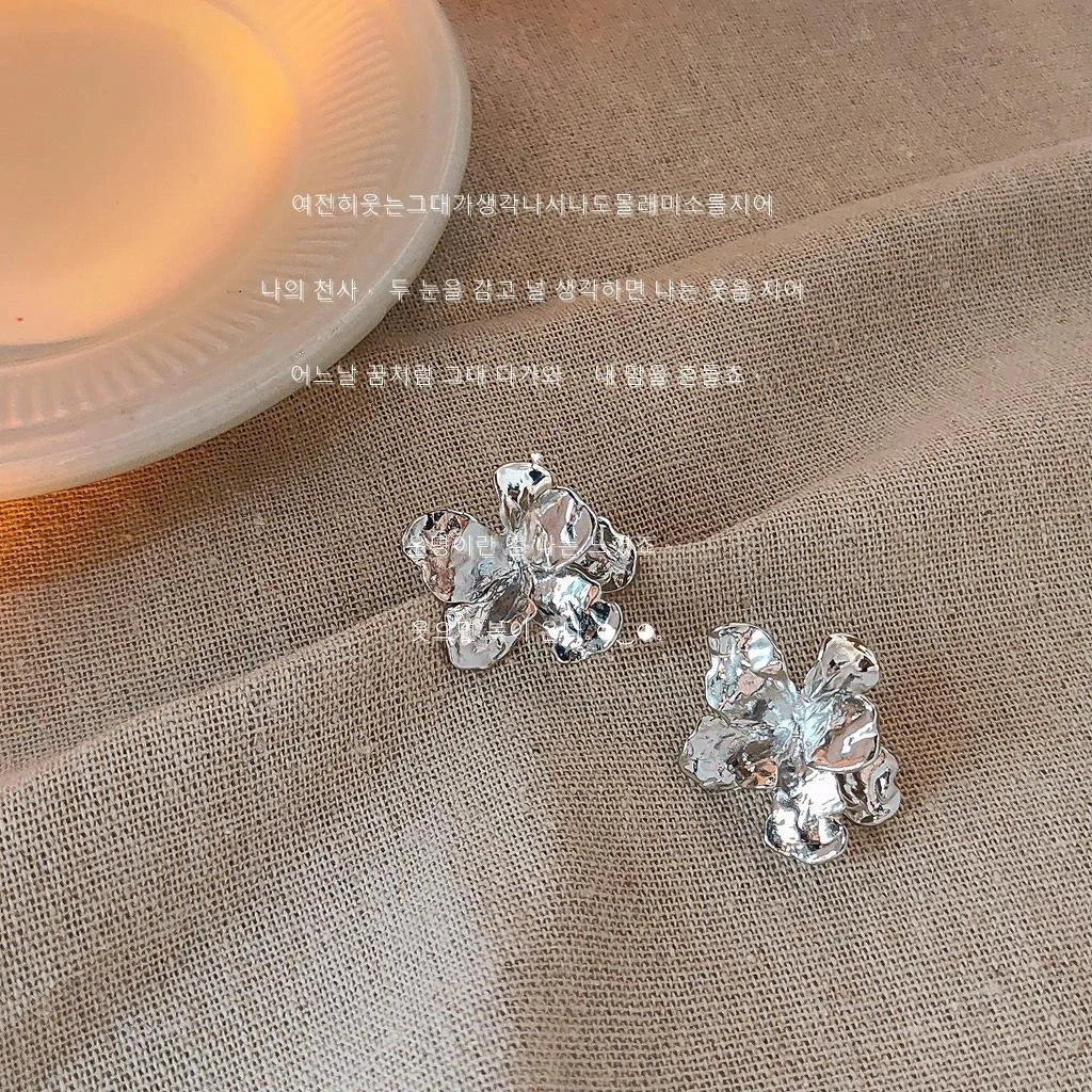 Liquid Metal Copper 3D Irregular Flower Stud Earrings With Silver Plated Pins For Women