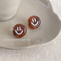 Maillard Style Brown Acrylic Smiley Round Stud Earrings For Women, Korean Autumn Winter Jewelry