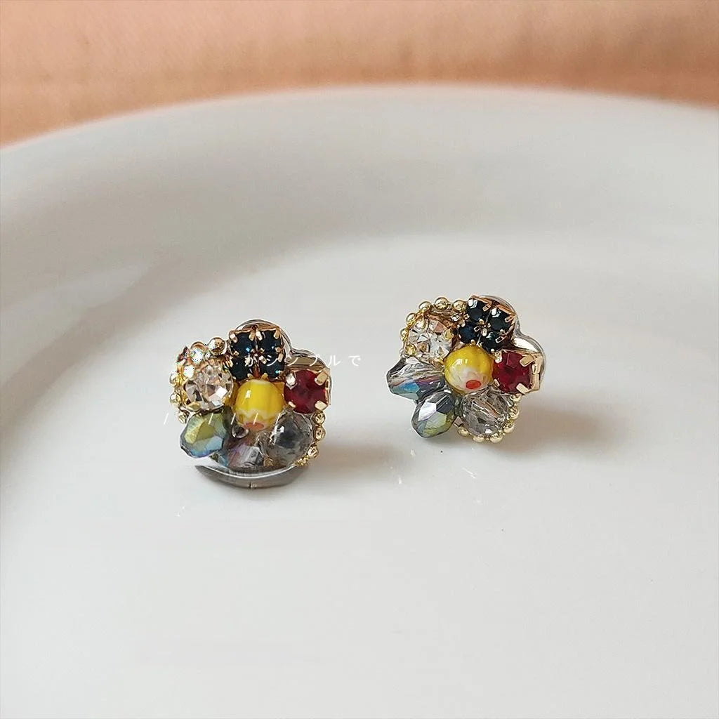 Sweet Floral Glass Crystal Stud Earrings With 14K Plated Copper Handmade Design