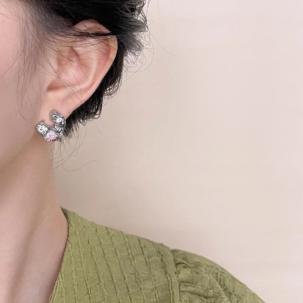 Sweet Cool Liquid Heart Micro Pave Zircon Copper Stud Earrings