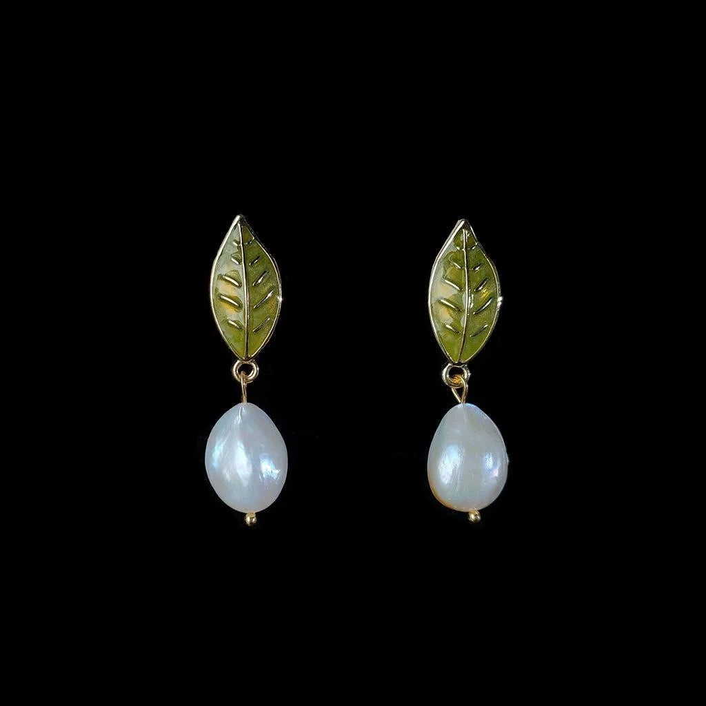 14K Gold Plated Enamel Leaf Freshwater Pearl Stud Earrings, Geometric Luxury Style