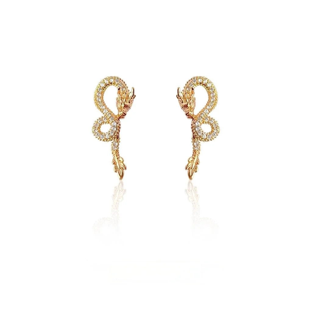 Copper Snake Stud Earrings With Micro Pave Zirconia, Light Luxury Zodiac Animal Jewelry