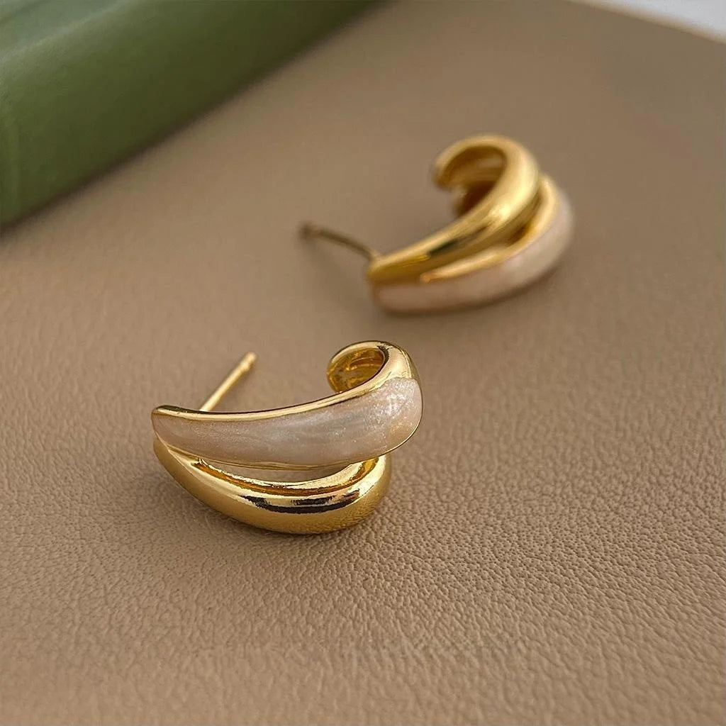 Korean Style Double Layer Geometric Ring Copper Stud Earrings With Enamel Metal Finish