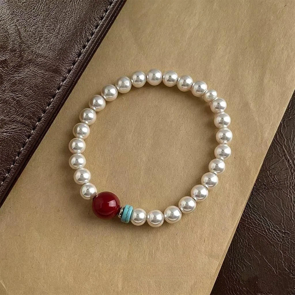 New Chinese Style Glass Pearl And Red Agate Geometric Ring Bracelet For Women