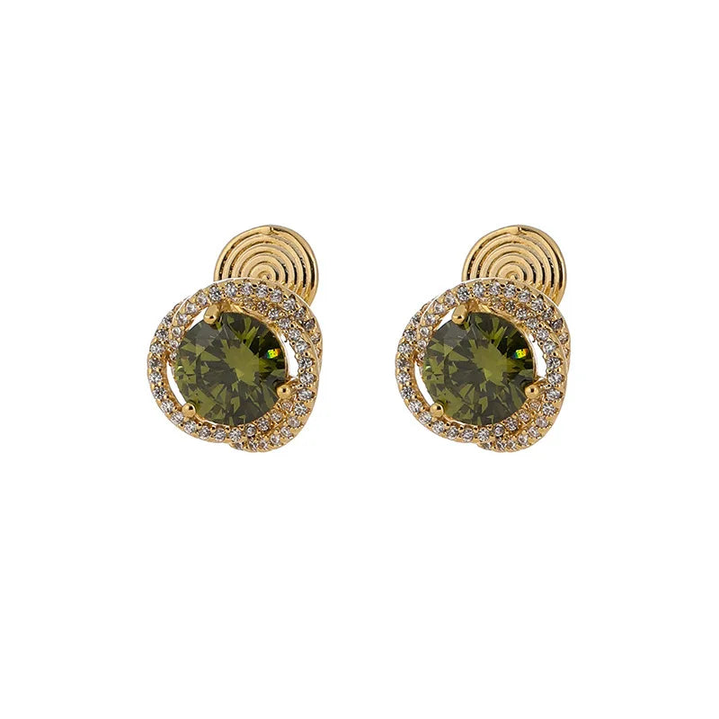 Elegant Olive Green Zircon Spiral Geometric Stud & Clip On No Piercing Gold Alloy Rhinestone Earrings