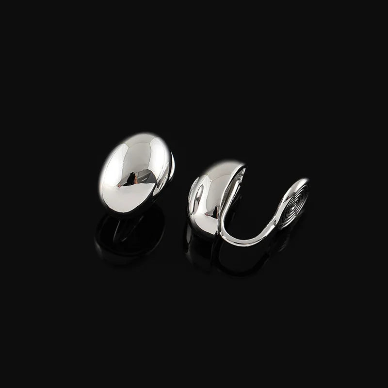 Elegant Smooth Gold Alloy Bean Oval Stud & Clip On No Piercing Minimalist Women's Fashion Earrings