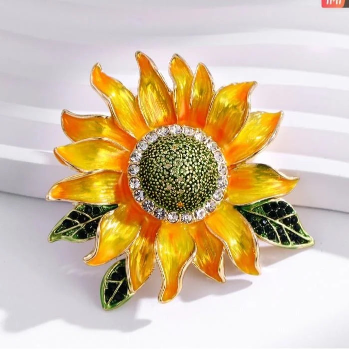 Elegant Enamel Sunflower Brooch With Rhinestones, Luxury Floral Lapel Pin Corsage Suit Accessory Gift